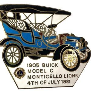 Vintage July 4th 1981 Lions Club Int. 1905 Buick Model C Pin, Monticello